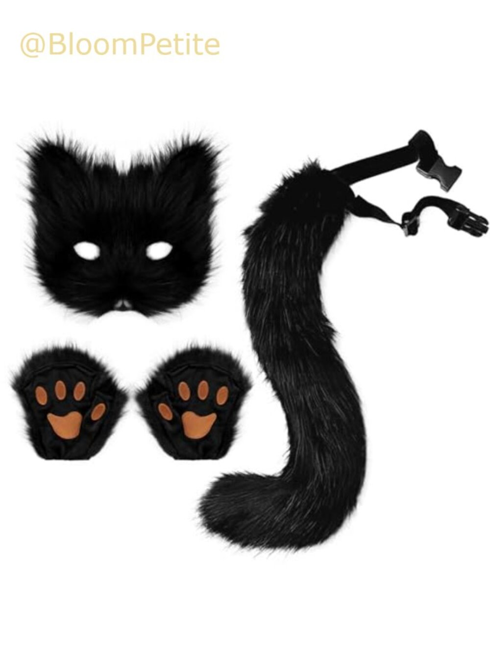 Faux Fur Fox Tail Cat Wolf Mask and Paw Gloves Costume Accessory Set